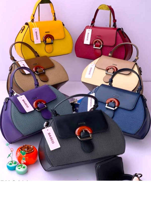 ASOESTORE BAGCO collection of textured top handle handbags with circular buckles in yellow, red, brown, beige, and blue.