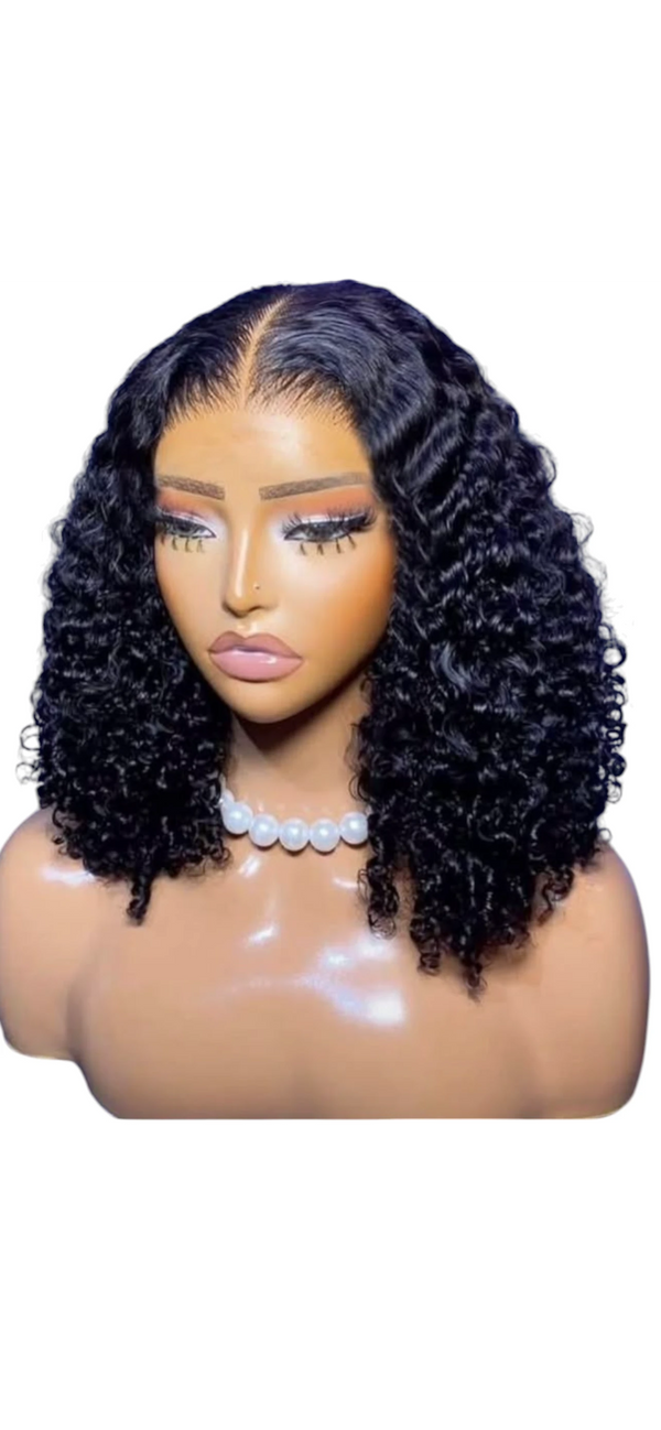 ASOESTORE shoulder-length black curly lace front wig on a mannequin with a natural-looking hairline