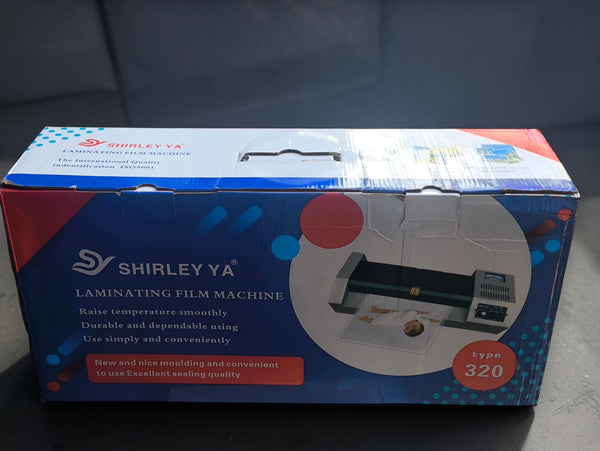 ASOESTORE Shirley Ya 320 professional laminating film machine in its blue and white product packaging box