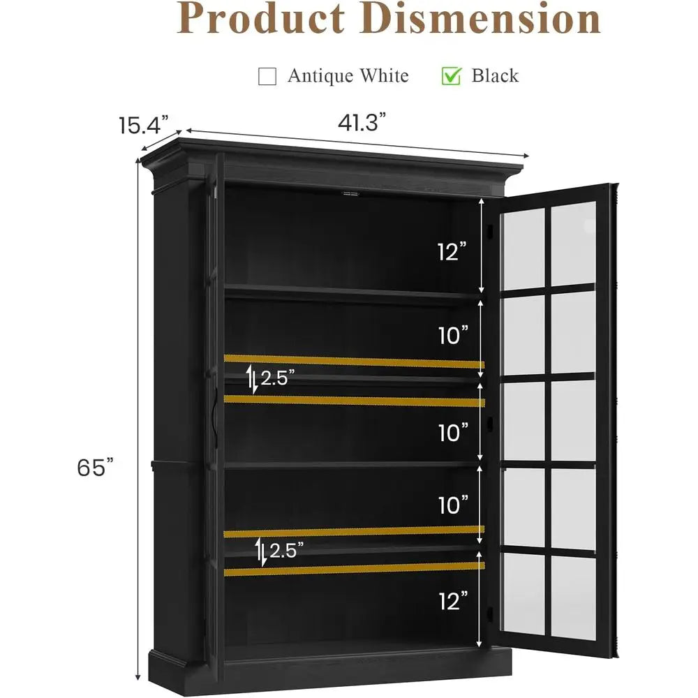 65 Tall Display Cabinet with Adjustable Shelves, 5-Tier Bookcase