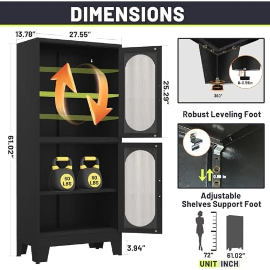 61" Black Pantry Storage Cabinet, Kitchen Pantry Cabinet with Acrylic Glass Doors and Shelves, with Adjustable Leveling